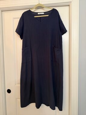 Cotton Navy V-Neck Midi Dress with Pockets 2 xl